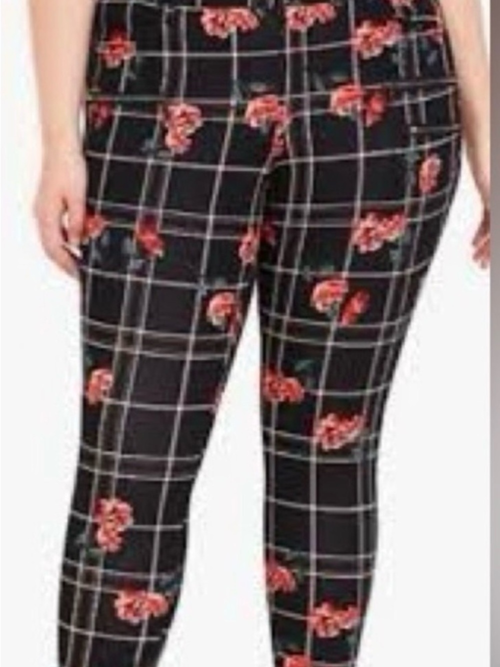 torrid Black Ponte Leggings with Pink Floral Windowpane zipper ankle. 22